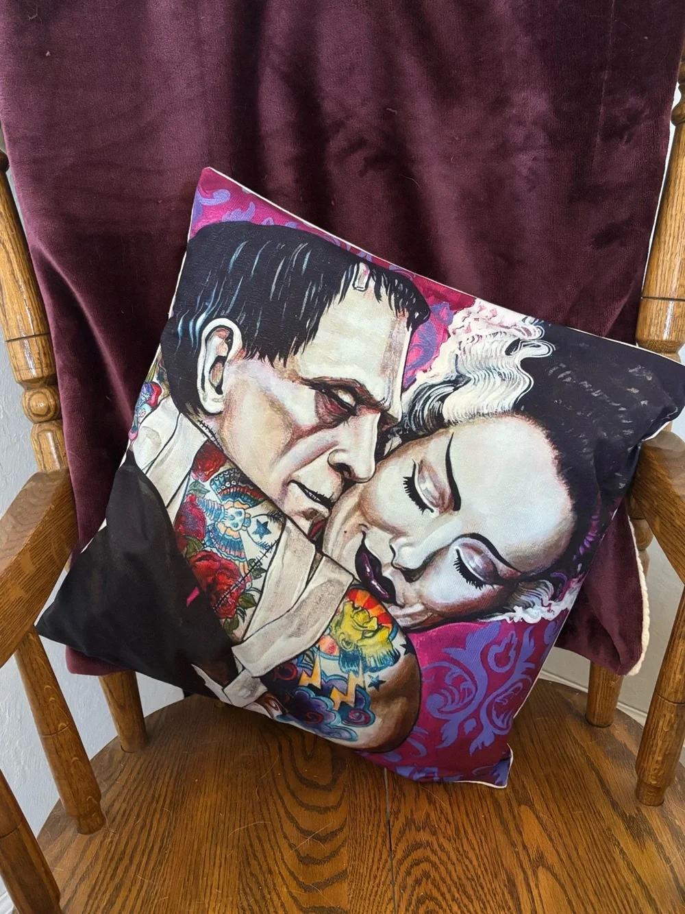 Frankie & His Gorgeous Bride in Passionate Embrace Throw Pillow Gothic Romance